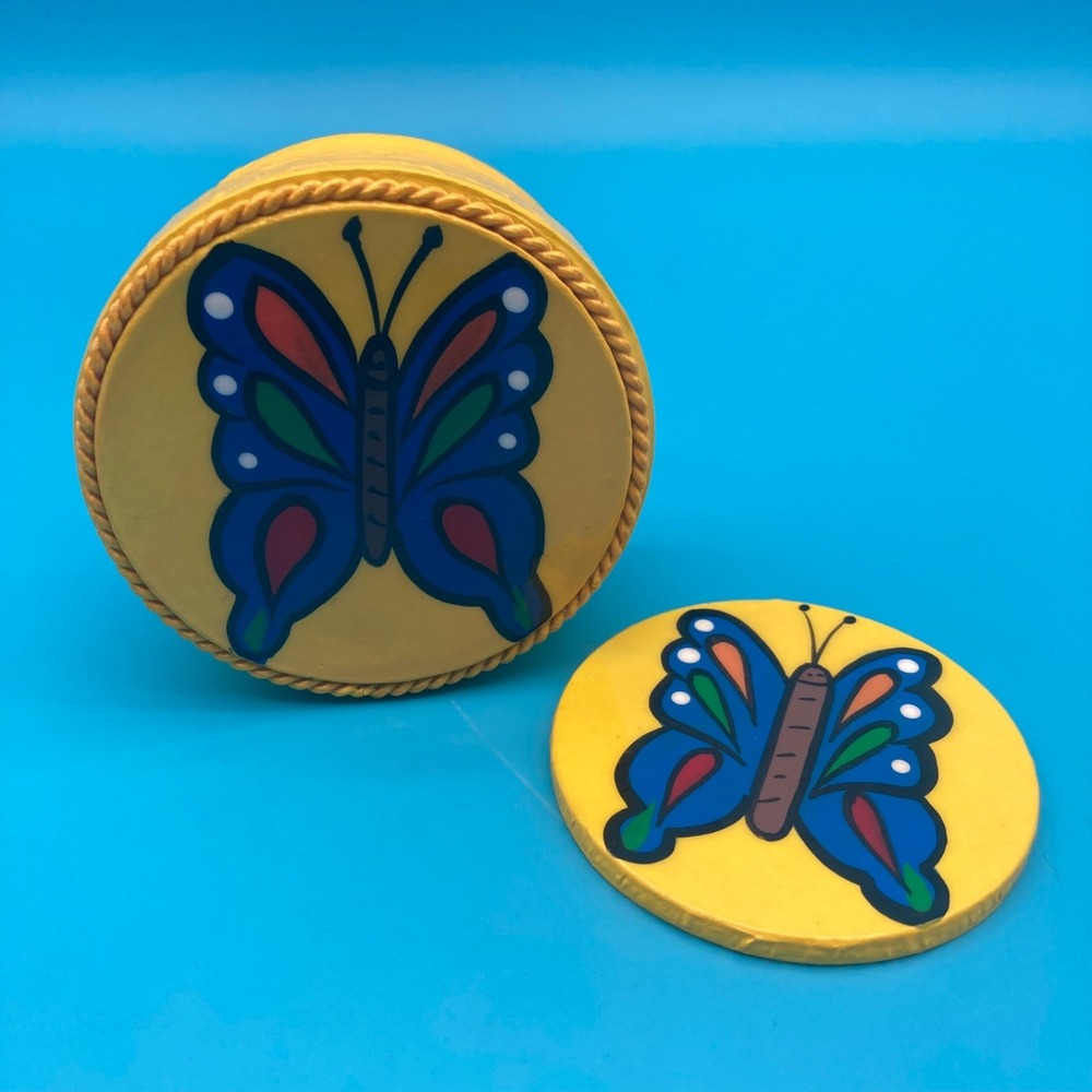 Vintage Hand Painted Butterfly Coaster Set with Holder - Retro 70s Yellow Kitsch